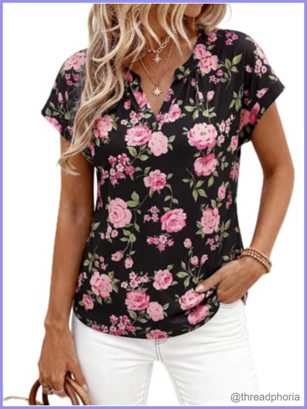 Floral V-Neck Short Sleeve Knit Blouse Pleated Back Loose Fit Summer Casual Top